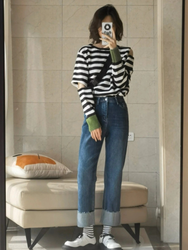 Salt style outfit niche design cigarette pipe splicing jeans high waist sweet spicy pencil pants