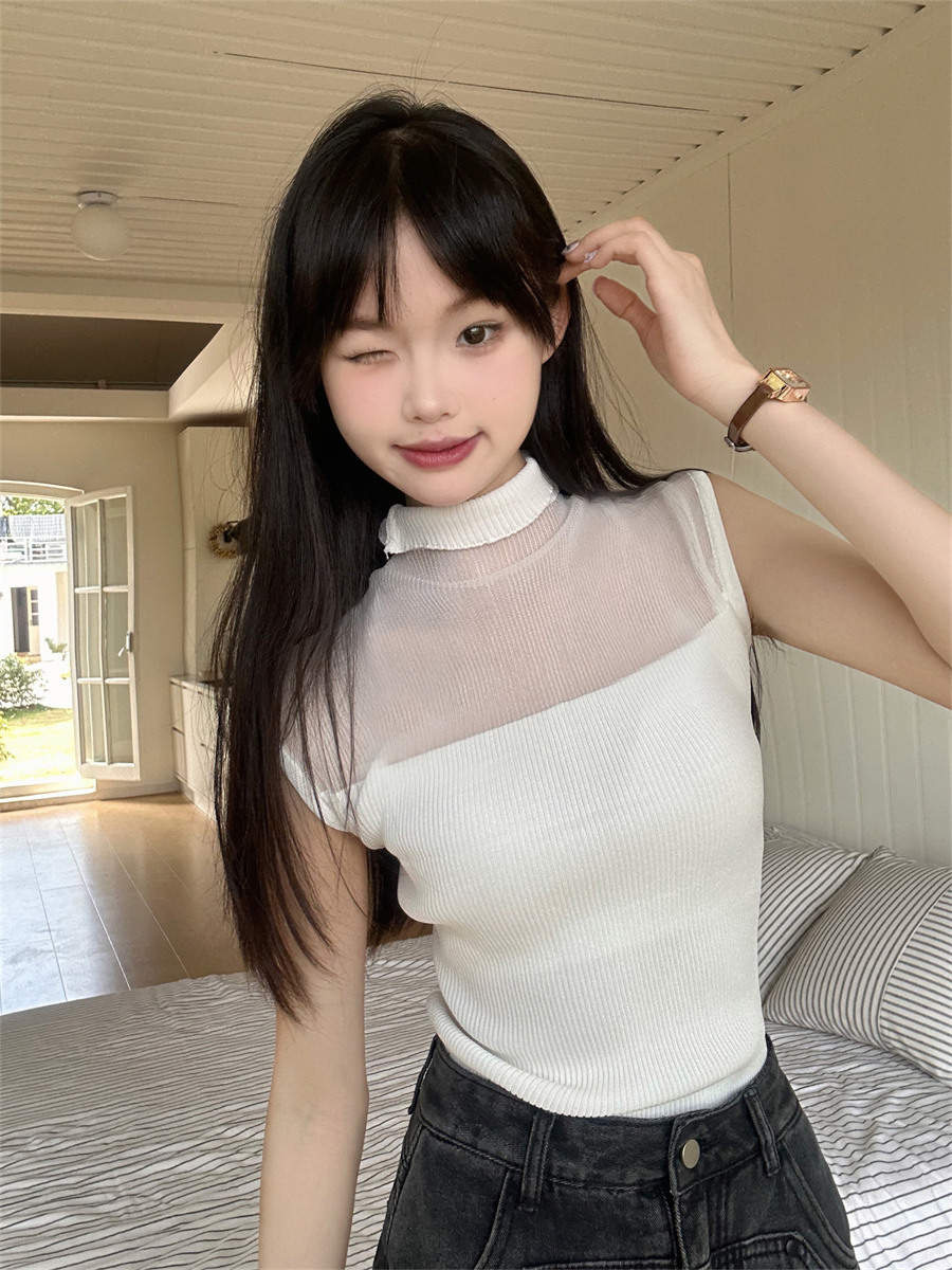 實拍多巴胺甜辣妹針織背心女夏網紗無袖不規則短款上衣
