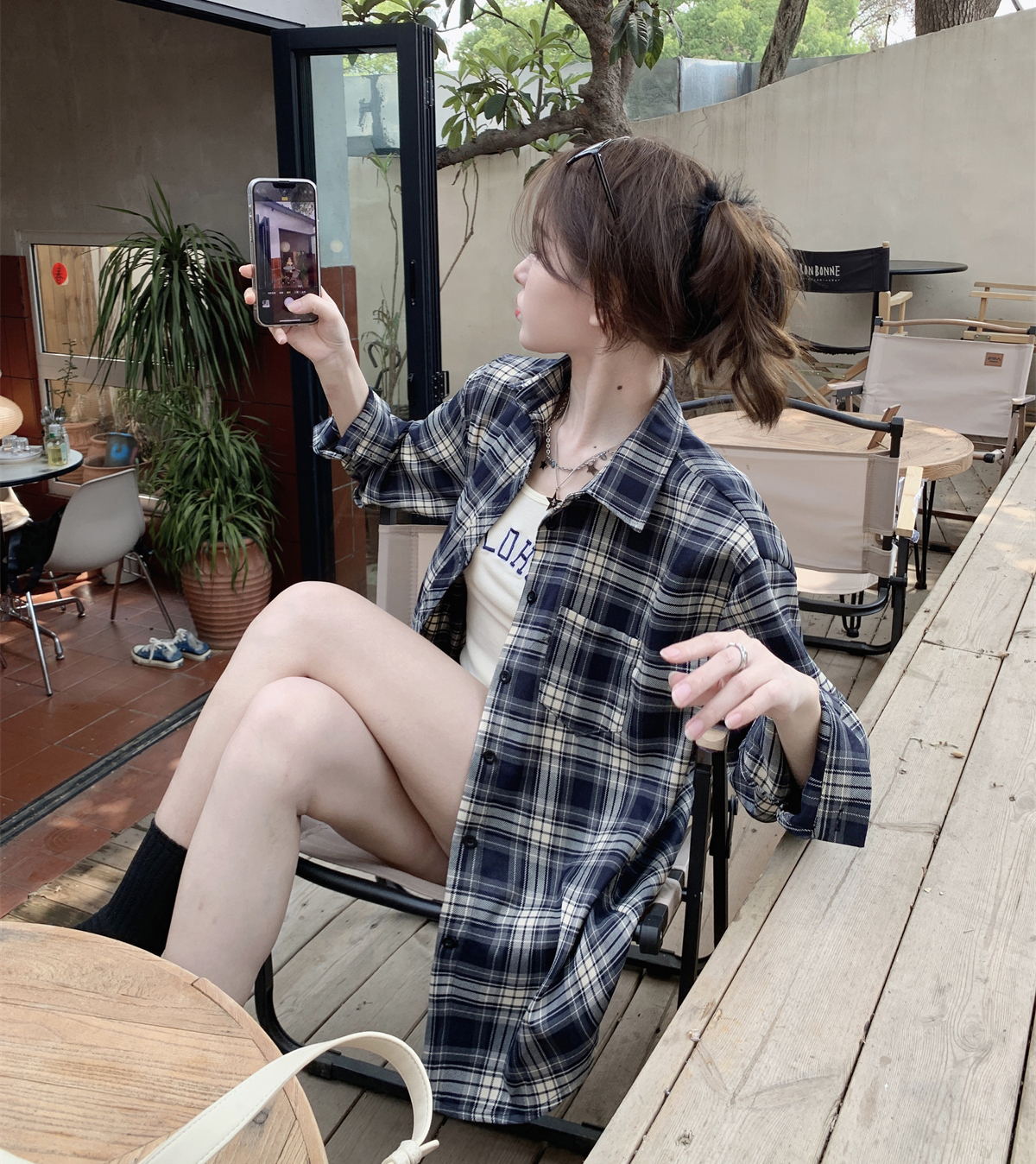 實拍# 春季復古港風小個子寬鬆長袖格子襯衫外套女