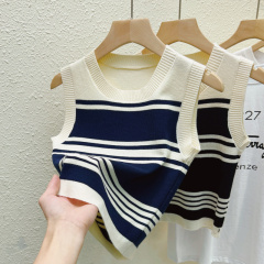 2024 Striped Knitted Camisole Women's Early Spring Sleeveless T-Shirt Chic Retro Short Base Layer Top