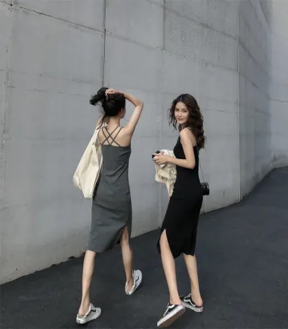 中長款吊帶連衣裙夏季女開叉氣質顯瘦內搭打底裙子