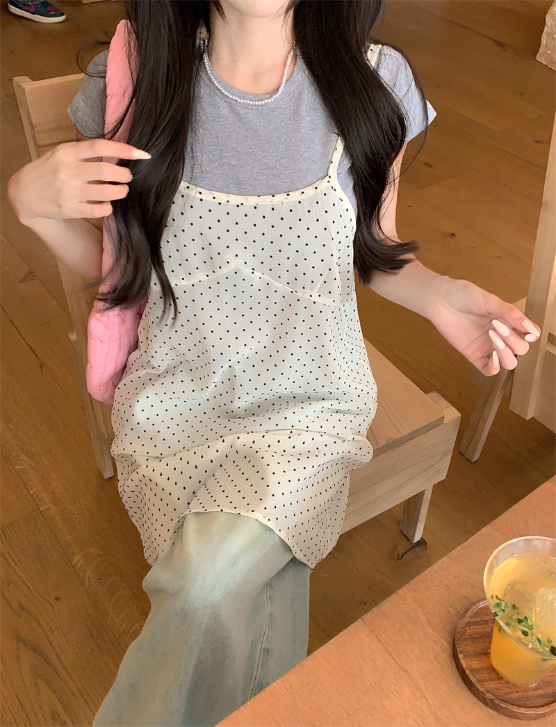 實拍 疊穿波點吊帶裙女透視罩衫無袖連衣裙女