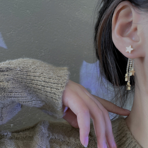 Actual shot of S925 silver needle inlaid with diamond long tassel star earrings for women, two-wear stud earrings