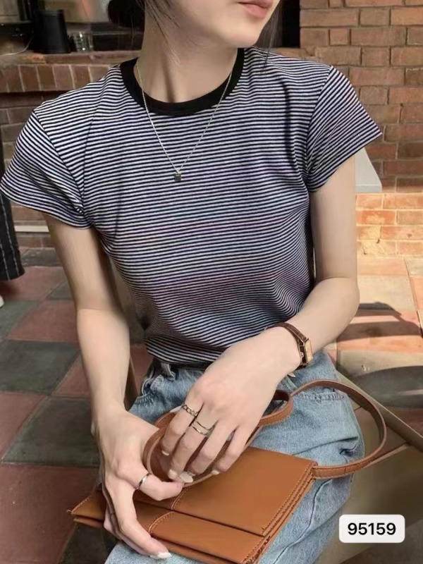夏季新款韓版少女系圓領撞色條紋百搭短袖上衣女