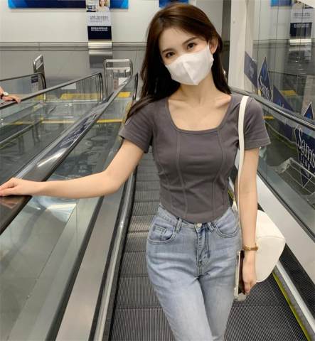 方領T恤女裝夏季辣妹風設計感修身短款短袖上衣