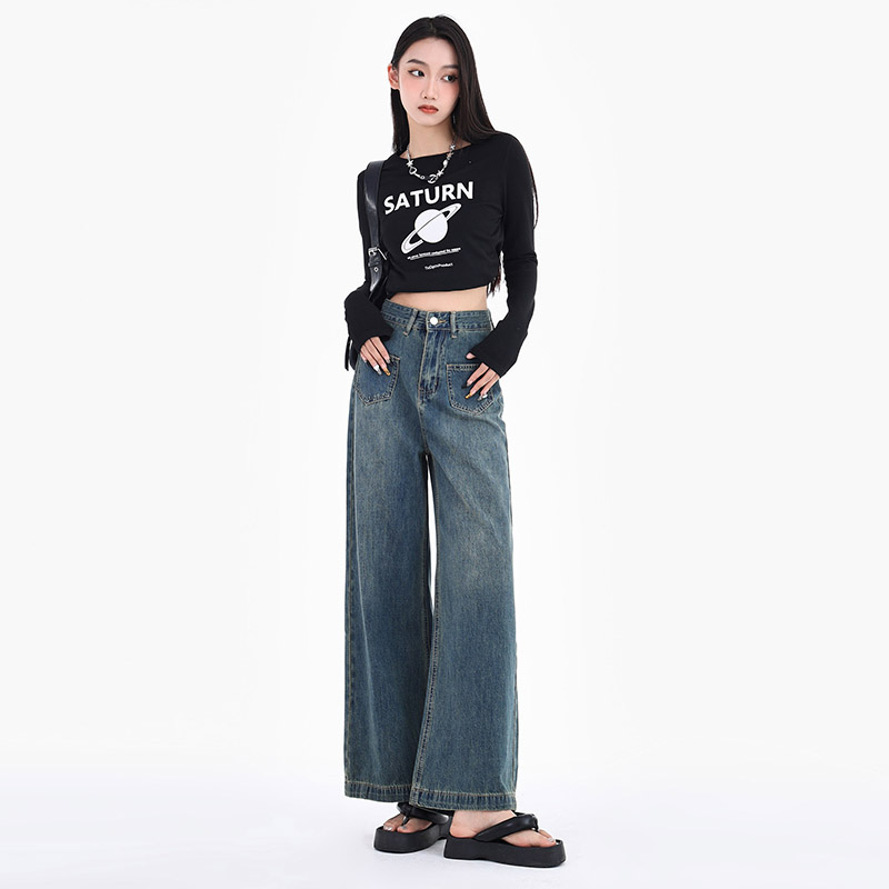實拍 闊腿牛仔褲女高腰新款美式高街復古設計寬鬆直筒小個子1