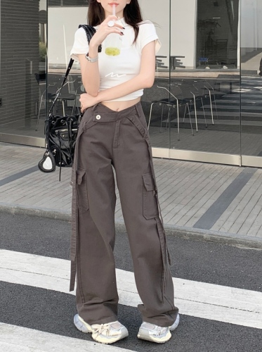 Actual shot~New high-waisted straight overalls with retro design and hot girl gray wide-leg jeans
