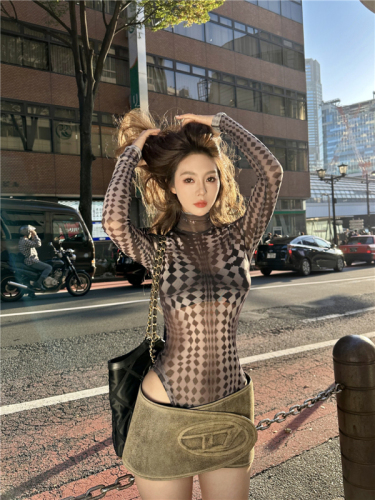 Real shot of thermal polka dot tattoo clothing mesh bottoming shirt for women slimming T-shirt one-piece top