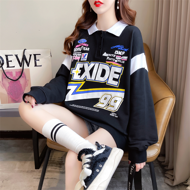 Real shot 2024 spring twill Korean style polo collar letter print loose large size women's thin sweatshirt for women