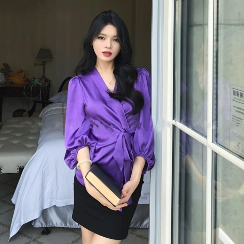 輕熟風早秋紫色上衣女高級綁帶V領長袖襯衫法式收腰設計小眾襯衣