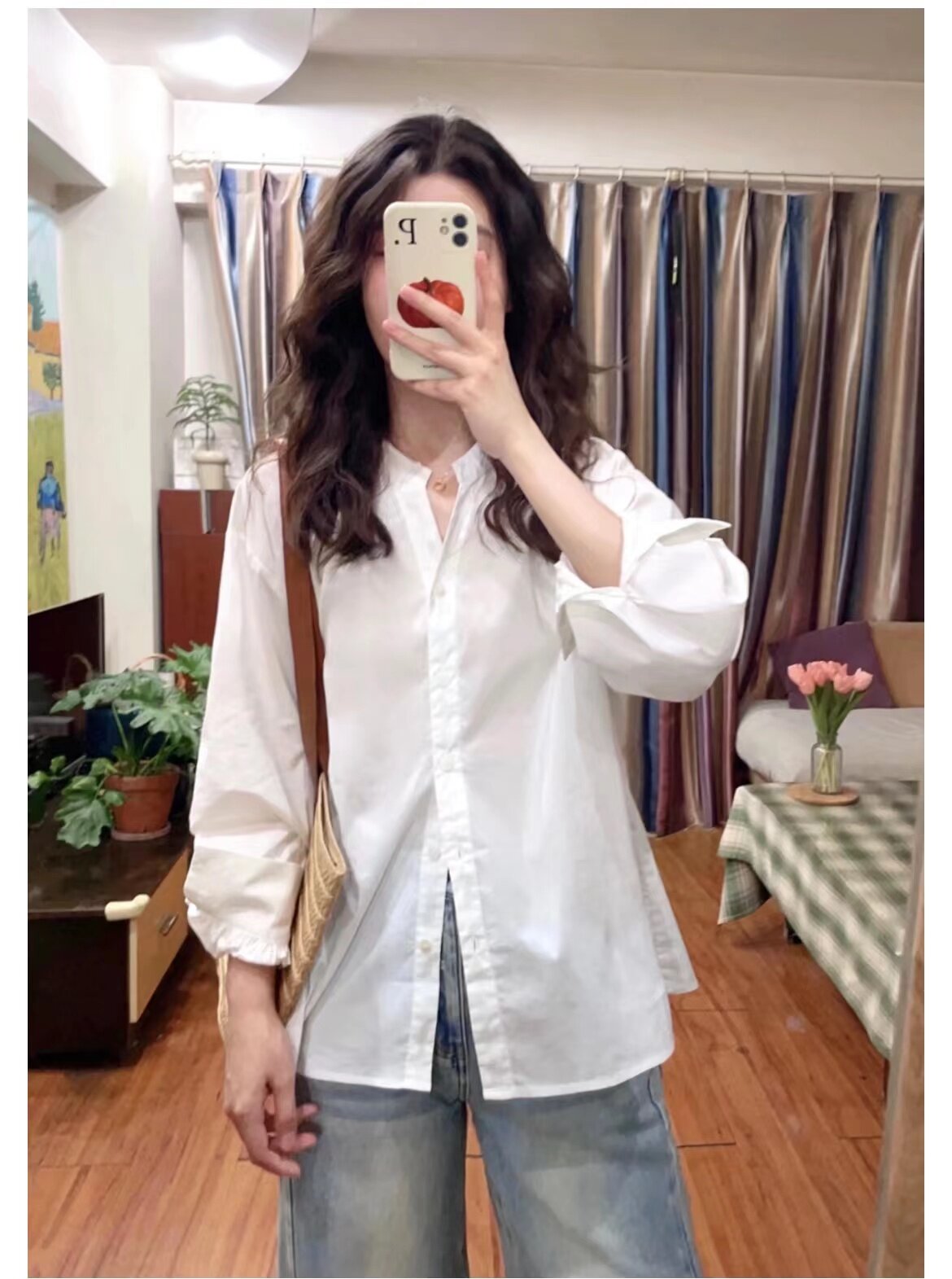 jing鯨乎白色立領襯衫女長袖寬鬆燈籠袖圓領法式復古小個子襯衣