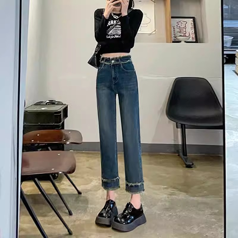 窄版直筒牛仔褲女春秋胖妹妹大碼高腰顯瘦煙管褲毛邊褲子休閒百搭