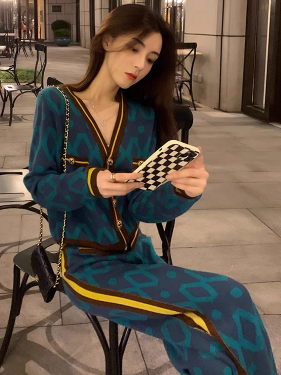 ROUJE BGMOK法式小香風提花開衫針織套裝女闊腿褲名媛兩件套