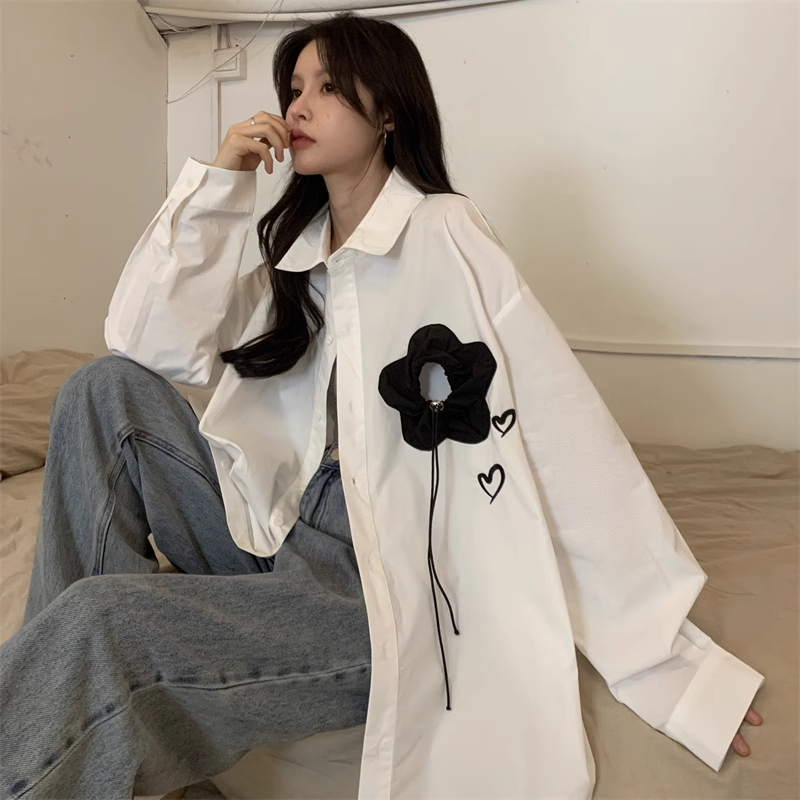 白色長袖襯衫女春秋港風小眾設計感印花襯衣潮