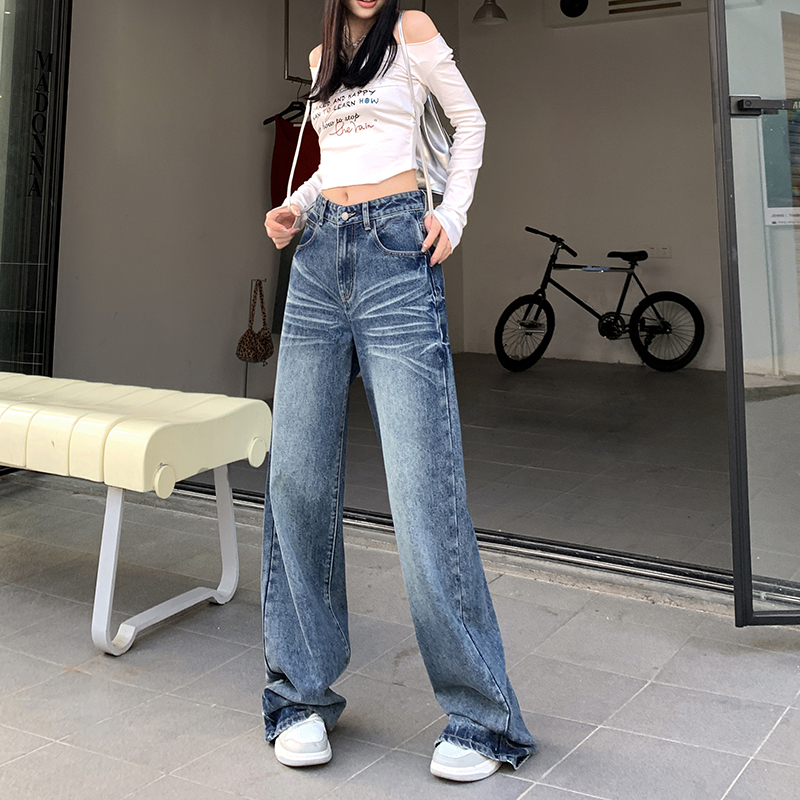 實拍IO3-3直腿酷蓋 高腰寬鬆直筒褲牛仔褲春季長褲拖地褲女