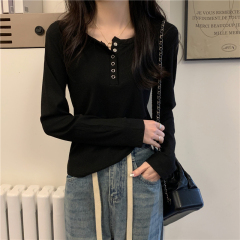 Real shot Spring new button design long-sleeved T-shirt bottoming top