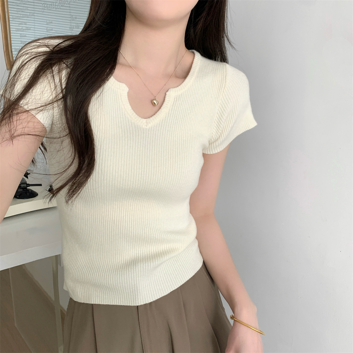 實拍 春夏韓版氣質半開領純色百搭安迪絨針織短袖上衣女