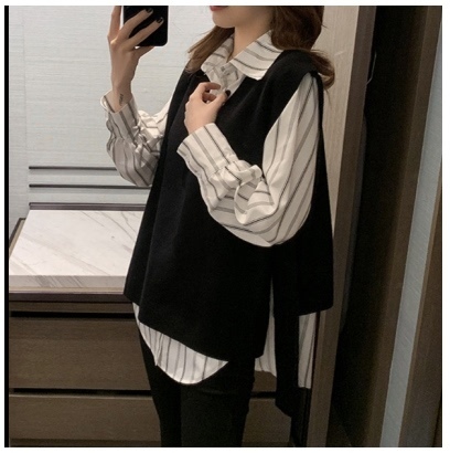 Polo领竖条衬衫+黑色针织马甲两件套女2024春季新款韩版时尚上衣