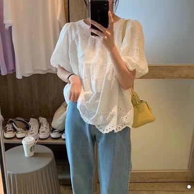刺繡上衣女白色設計感休閒套頭百搭年夏新款洋氣鏤空短袖