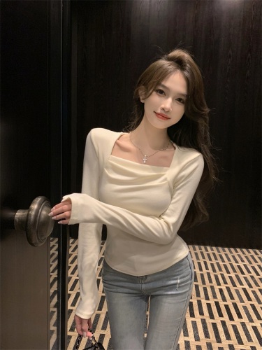Real shot!  Pleated square neck knitted thickened tops women's bottoming shirts slim and chic tops