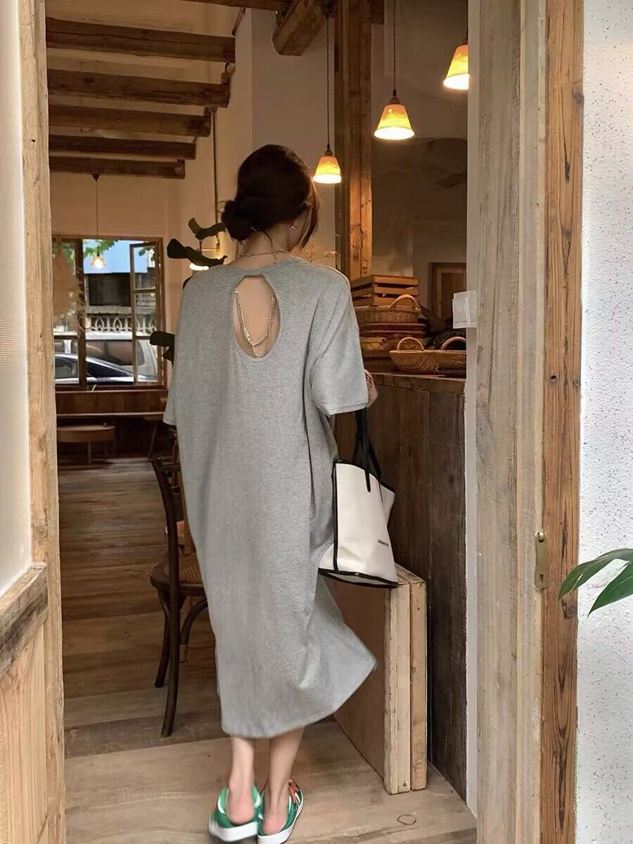 印花灰色T恤連衣裙女夏裝大碼韓版寬鬆休閒懶人短袖背心長裙子