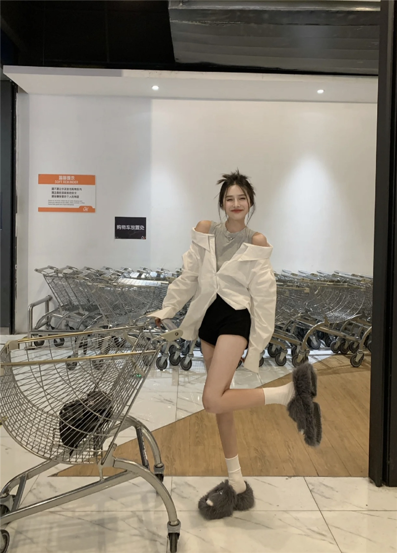 實拍露肩襯衫女新款設計感長袖中長款休閒顯瘦上衣