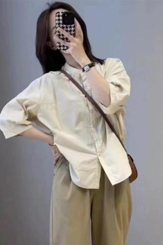 夏装新款大码女装韩版简约通勤中袖衬衫美拉德宽松衬衣圆领上衣