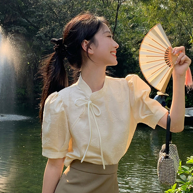 中式國風上衣輕熟風短袖襯衫女夏復古國潮民族新旗袍改良系帶