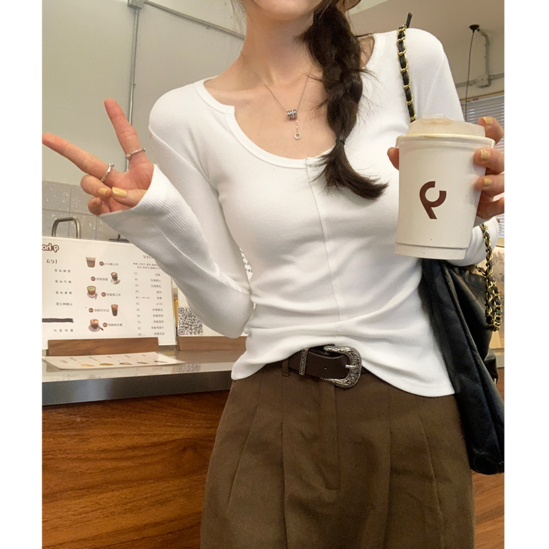 實拍圖U領羅紋磨毛正肩長袖T恤女春秋2024新款百搭打底衫內搭上衣