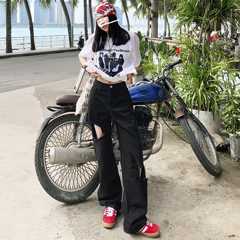 實拍24thootd泰蘭德街頭破洞yyds酷街直筒顯瘦設計感黑色闊腿褲夏