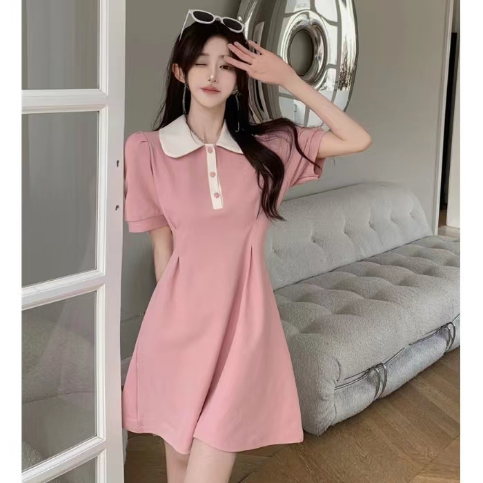 法式氣質娃娃領短袖連衣裙女夏裝小眾設計感收腰顯瘦學院風長裙子
