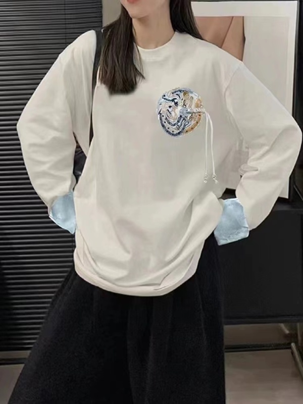 新中式國風長袖T恤女2024春裝新款圓領寬鬆慵懶休閒國潮打底上衣