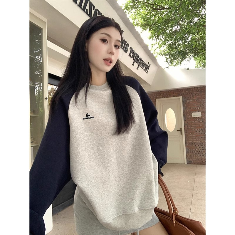 原版做工插肩袖衛衣女裝春秋新款字母撞色寬鬆中長款設計感