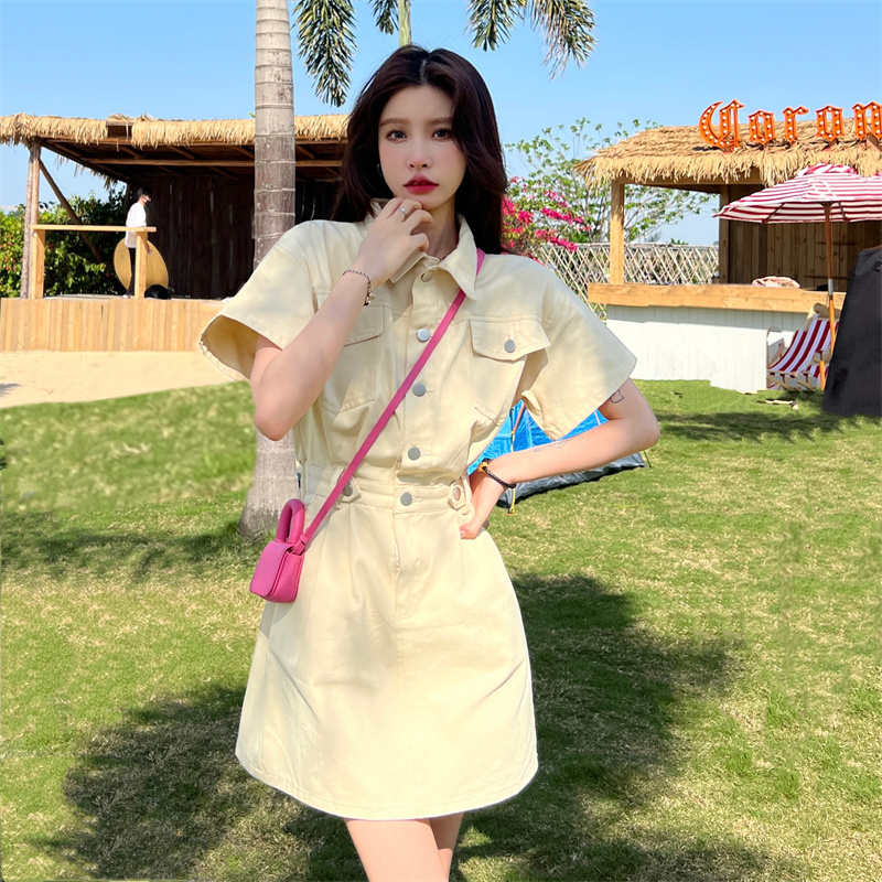 洗水棉斜紋韓版高級感 短袖連衣裙女夏季新款別致收腰A字短裙