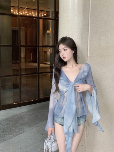 Actual shot ~ 2024 summer new design gradient tie-dye ruffled bell sleeve shirt tops for women