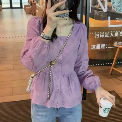 歐貨立體刺繡襯衫女春季小清新休閒百搭長袖方領別致娃娃衫上衣潮