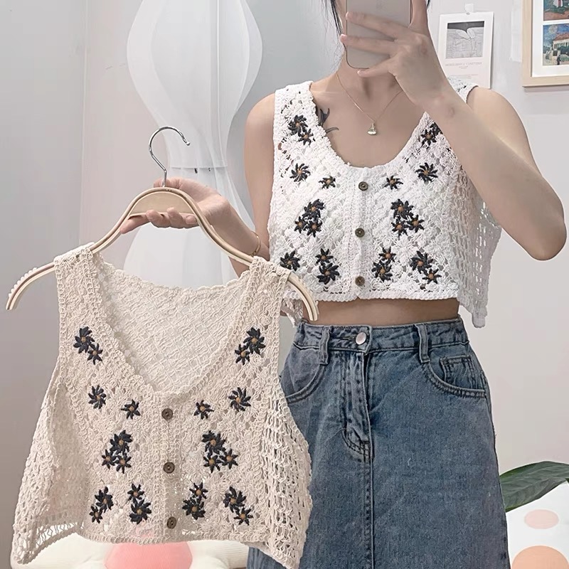 Korean style retro loose daisy hollow crochet v-neck shirt women's patchwork vest top