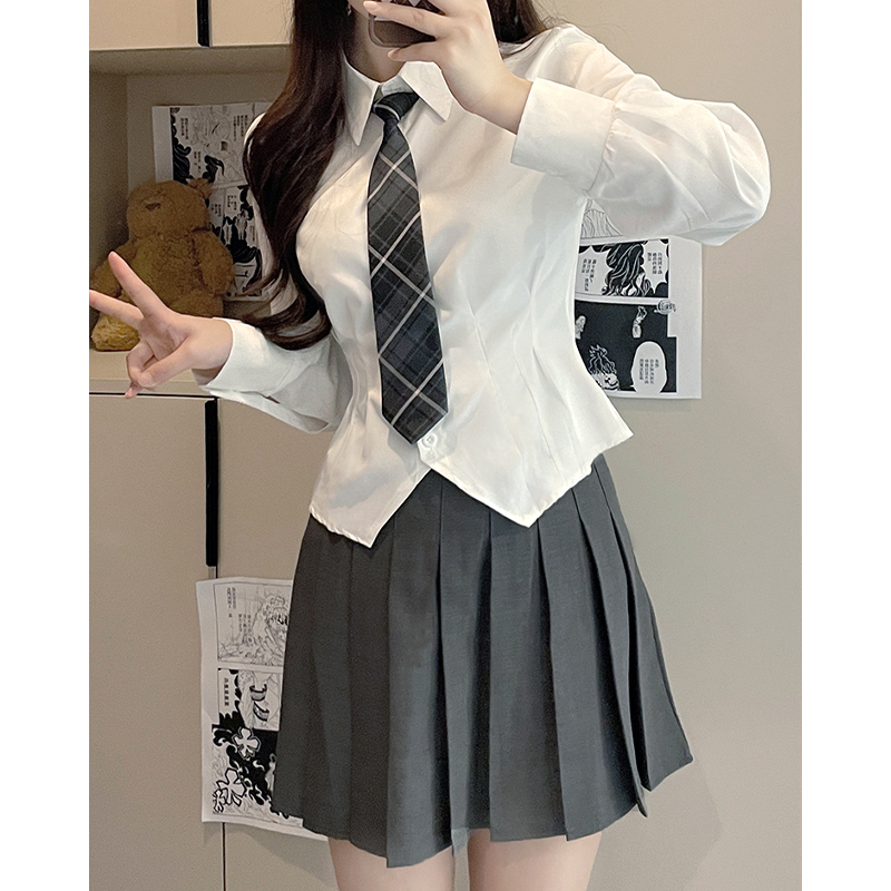 收腰JK制服學院風辣妹長袖襯衫女秋季上衣純欲風修身白色襯衣