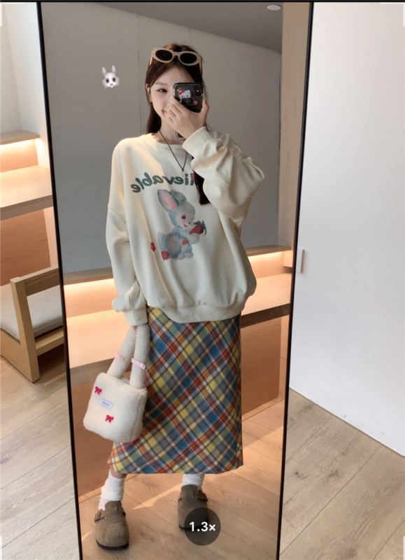 實拍~圓領寬鬆衛衣女秋格子半身裙兩件套設計感小眾長袖上衣