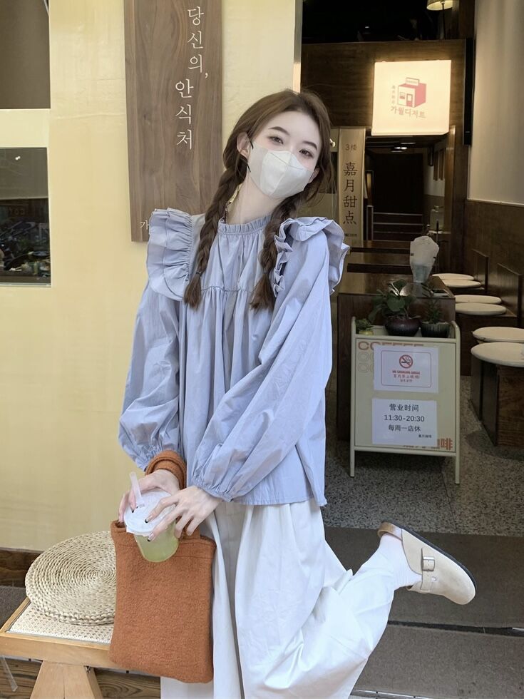 實拍~韓系寬鬆圓領木耳邊減齡百搭娃娃衫上衣