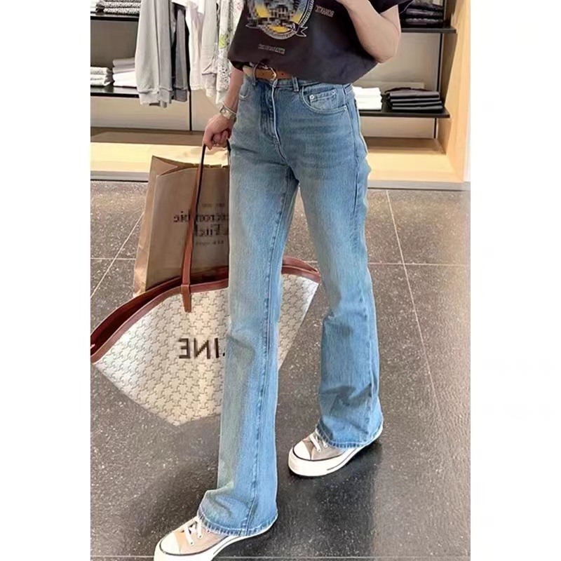 淺藍色高腰直筒牛仔褲女夏薄款直筒休閒顯瘦拖地闊腿褲小個子長褲