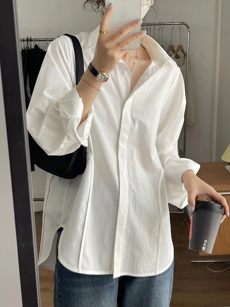 白色襯衫女春秋季設計感小眾小個子襯衣外套法式別致早秋長袖上衣