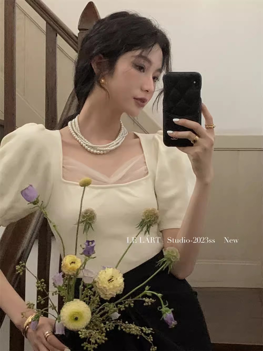 LELART夏季新款法式氣質方領針織衫短袖女拼接網紗泡泡袖短款上衣