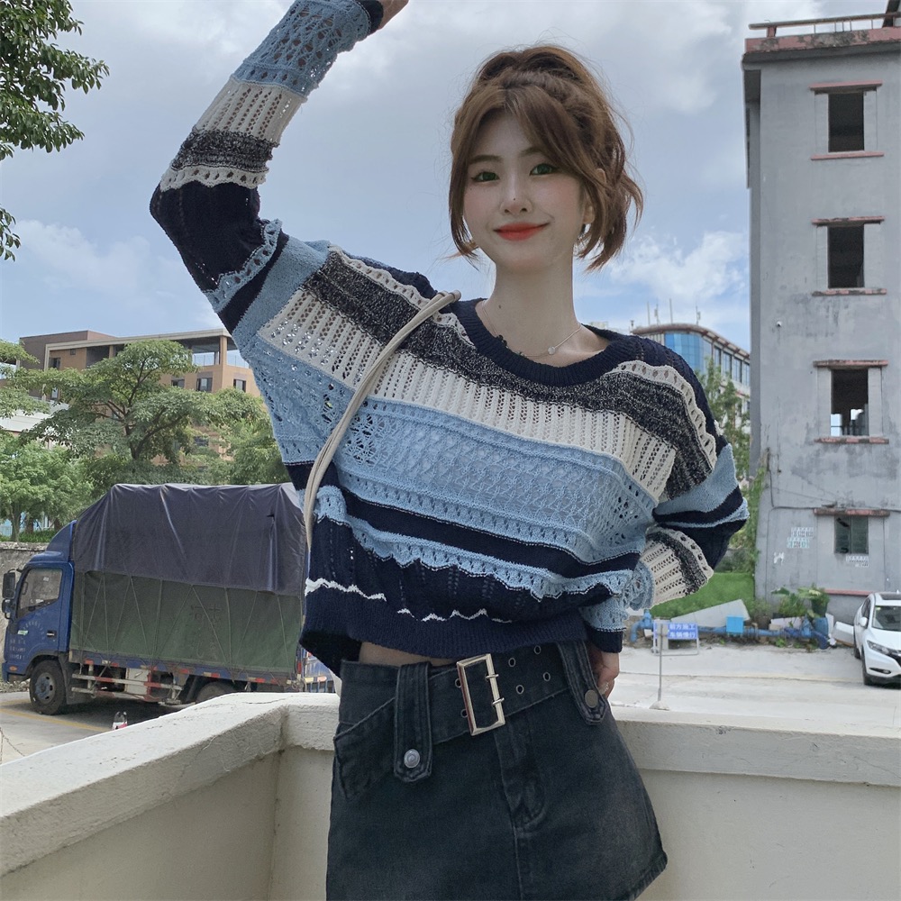 韓版藍色鏤空條紋毛衣女春秋季慵懶復古針織衫修身內搭顯瘦上衣