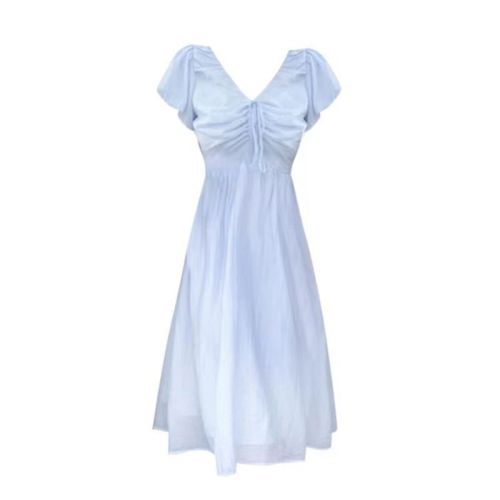 法式文艺系带V领蓝色连衣裙温柔甜美收腰显瘦气质高级泡泡袖裙子