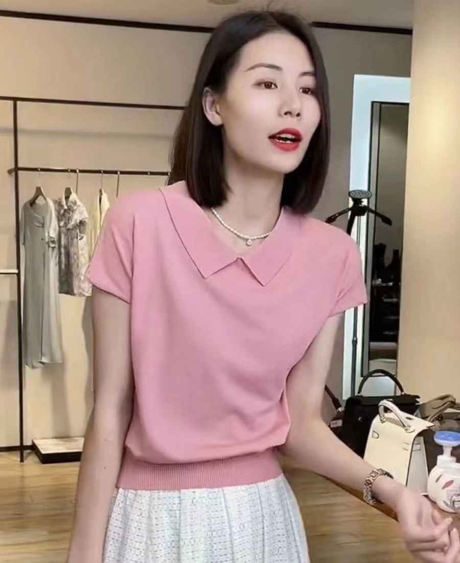 半袖冰絲小飛袖翻領上衣女夏新款寬鬆休閒百搭短款打底針織衫T恤