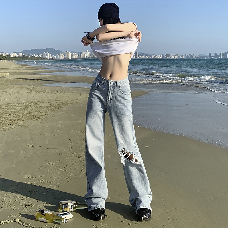 實拍24th ootd!泰蘭德穿搭美式破洞後腳缺口設計感顯瘦直筒闊腿褲