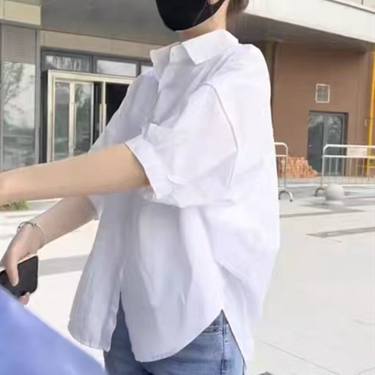 藍色短袖襯衫女夏季薄款防曬衣高級感寬鬆休閒襯衣五分袖上衣