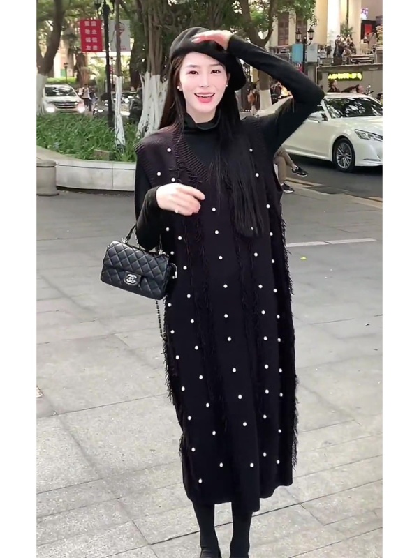 2024年夏季小個子穿搭夏裝搭配一整套黑色打底衫長款連衣裙套裝女