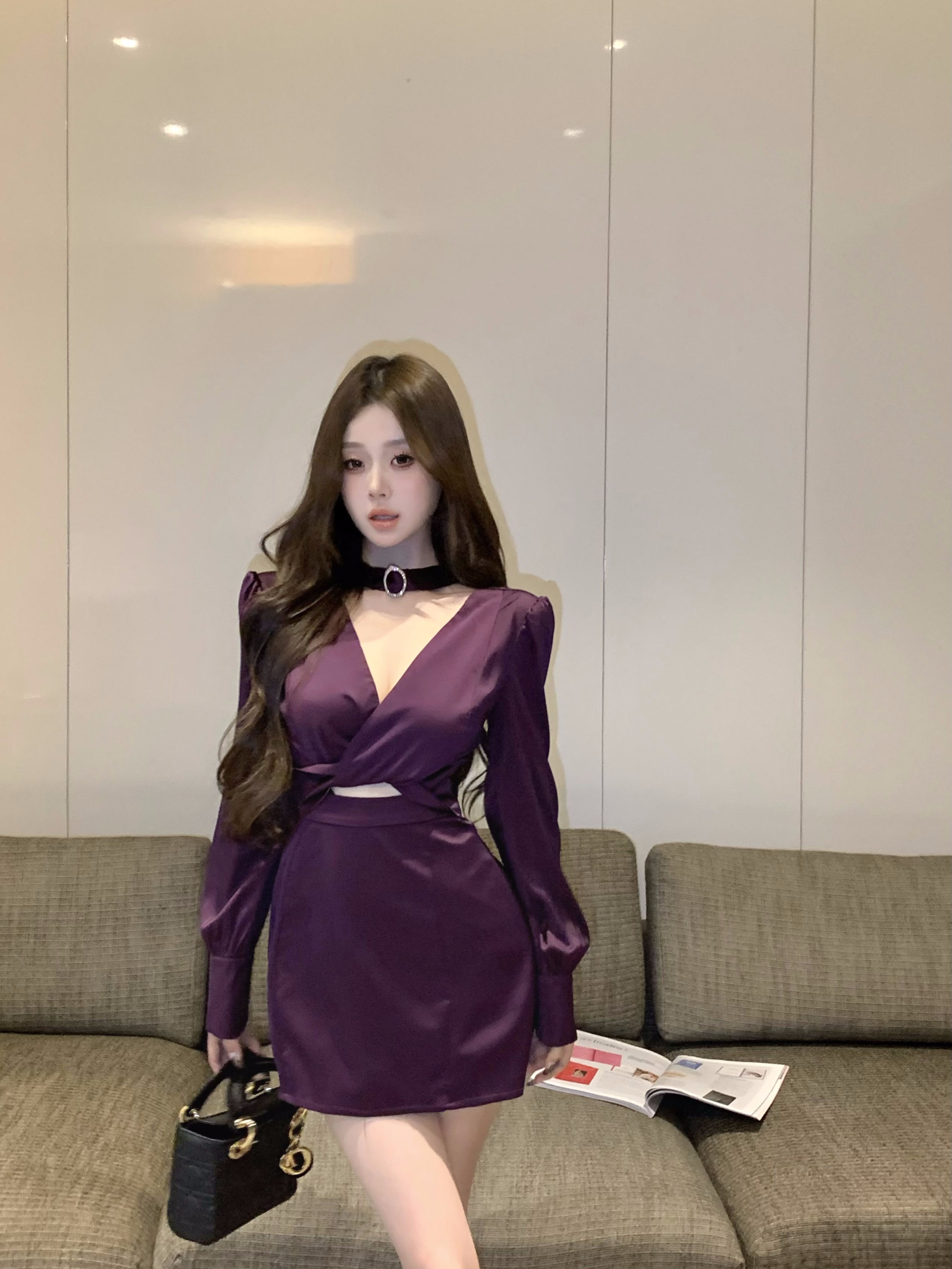 實拍 千金高貴紫色女人A字V領顯瘦連衣裙